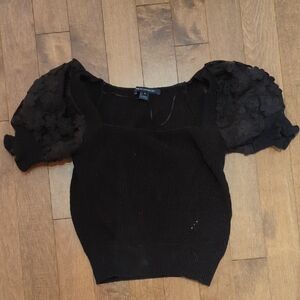 Romantic Black Floral Puff Sleeve Sweater With Square Neckline